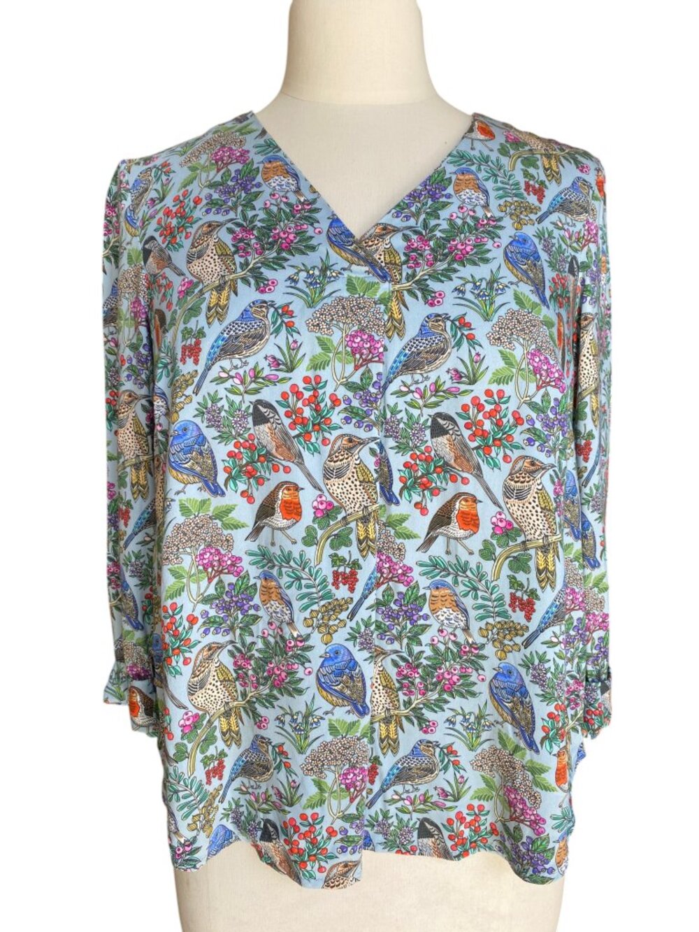 J JIll Botanical Bird Print Novelty Blouse Long Sleeve Artsy Nature Cottage-XSP